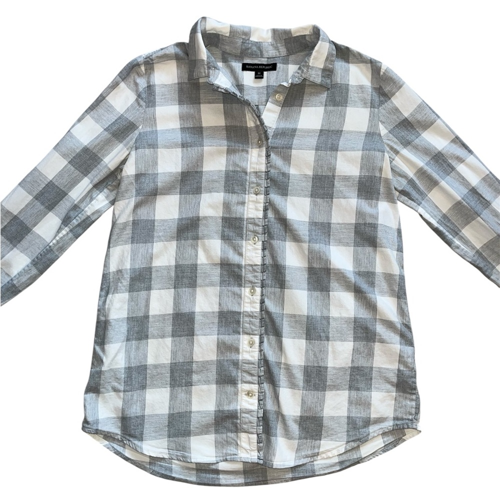 Banana Republic Flannel Shirt Women Medium Gray White Button Ruffle 100% Cotton